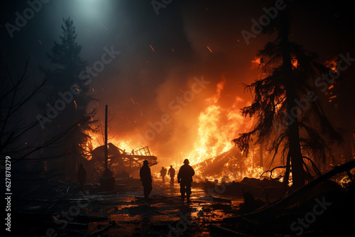 Fototapeta Forest fire in the dark, firefighters on duty, battling the blaze Generative AI