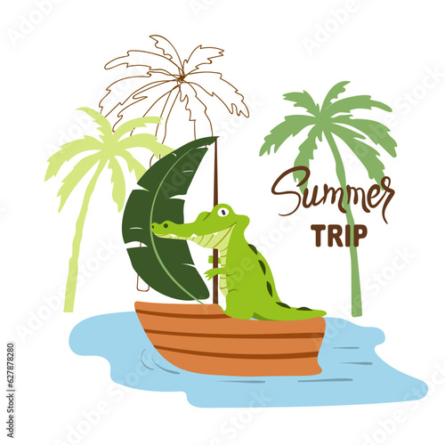 Cartoon crocodile on little boat vector illustration. T-shirt design, nursery, print