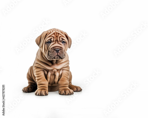 Close-up portrait of a mastiff puppy isolated on white background with copy space for text