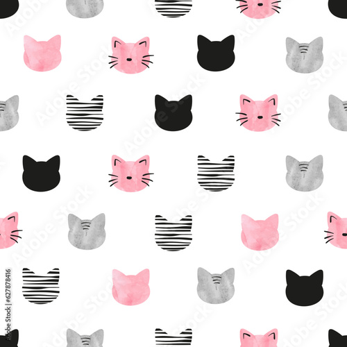 Seamless cute cats pattern. Vector illustration with watercolor cat heads. Childish print