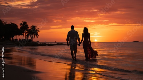 Sunset Serenade: A Romantic Getaway with Love by the Shoreline,  couple in love in sunset, generative ai © Vanessa