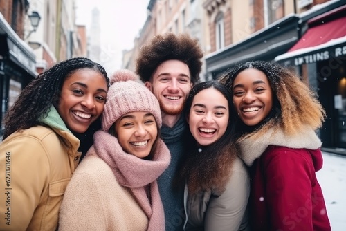Multiracial group of friends having fun together outdoors on city street- in winter - Young cheerful people walking hugging outside- Next gen z lifestyle concept-Smiling students © Adriana