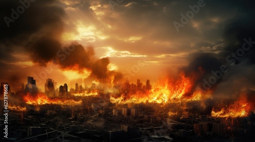 Empty street of burnt up city. Apocalyptic view of city downtown as disaster film poster concept. City destroyed by war