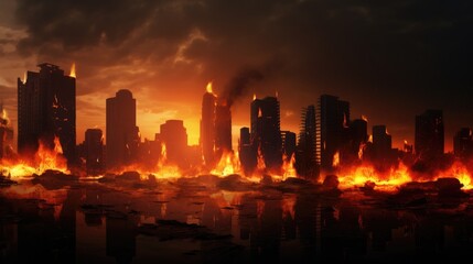 Empty street of burnt up city. Apocalyptic view of city downtown as disaster film poster concept. City destroyed by war