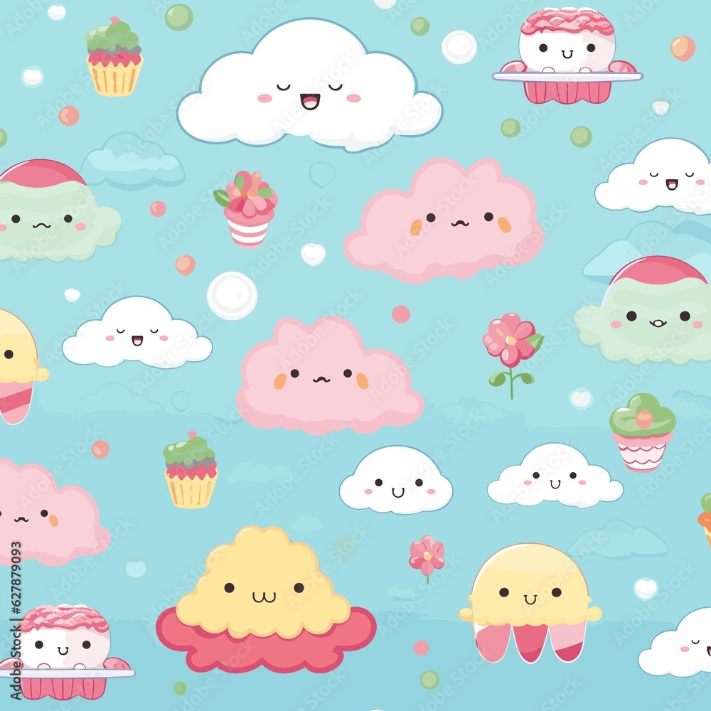Seamless pattern with cute kawaii clouds and cupcakes.Generative AI