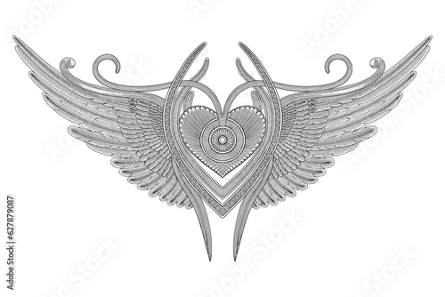Heart with ornamental design and angel wings, , Vintage engraving drawing style, antique design vector illustration