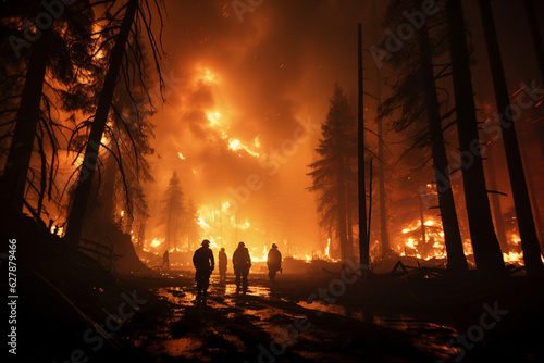 Fototapete Nighttime inferno, firefighters on duty, fighting wild forest fire Generative AI