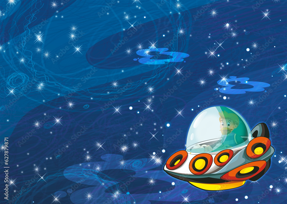 Cartoon funny colorful scene of cosmos galactic alien ufo space craft ship illustration for kids Cartoon funny colorful scene of cosmos galactic alien ufo space craft ship illustration for kids