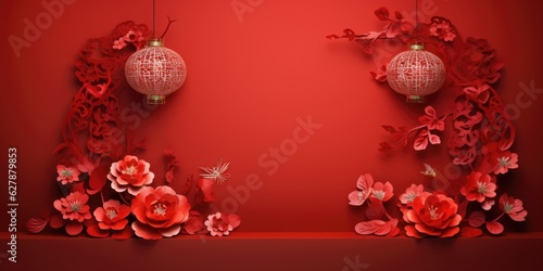 A red wall with paper flowers and lanterns. Elegant design for Chinese New Year greeting card. Copy space, place for text.