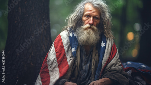 Homeless veteran on the street with an American flag