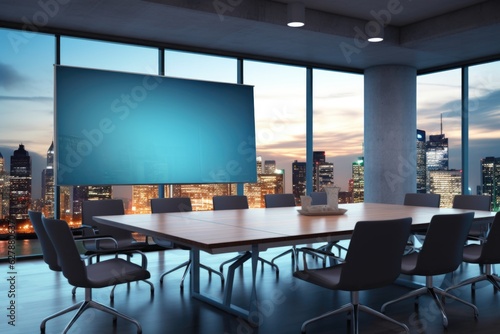 A conference room with a view of the city. Digital image.