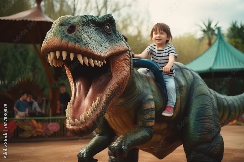Fototapeta premium A little boy riding a dinosaur in the park. Children's fascination with dinosaurs, theme park. 