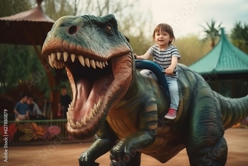 A little boy riding a dinosaur in the park. Children's fascination with dinosaurs, theme park.  © Maxim Kukurund