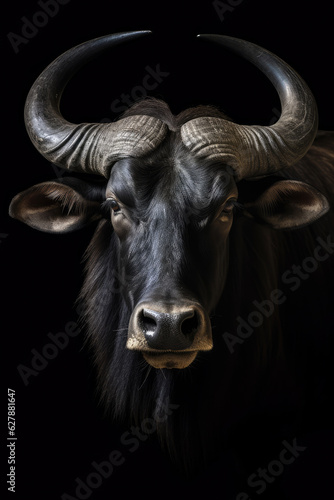 Portrait of a beautiful African Buffalo in close-up Macro photography on dark background. 