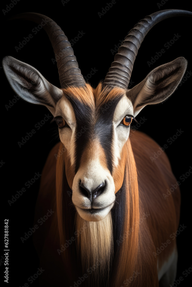 A portrait of a beautiful oryx or bighorn antelope facing the camera. 