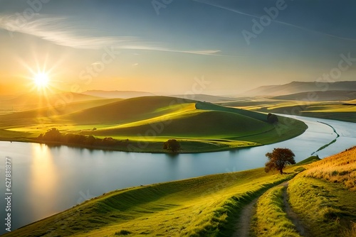 Sunrise in the field on top of a hill with a small hut 