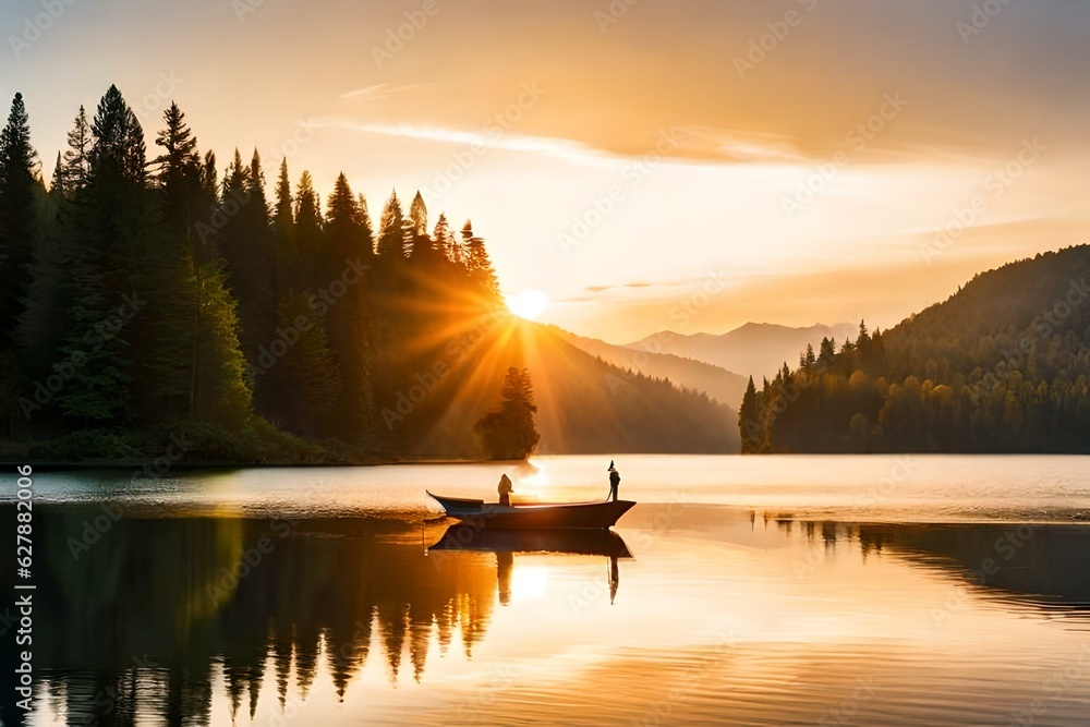 Sunrise with a beautiful moring over the lake surrounded with the mountains and a boat floating in it