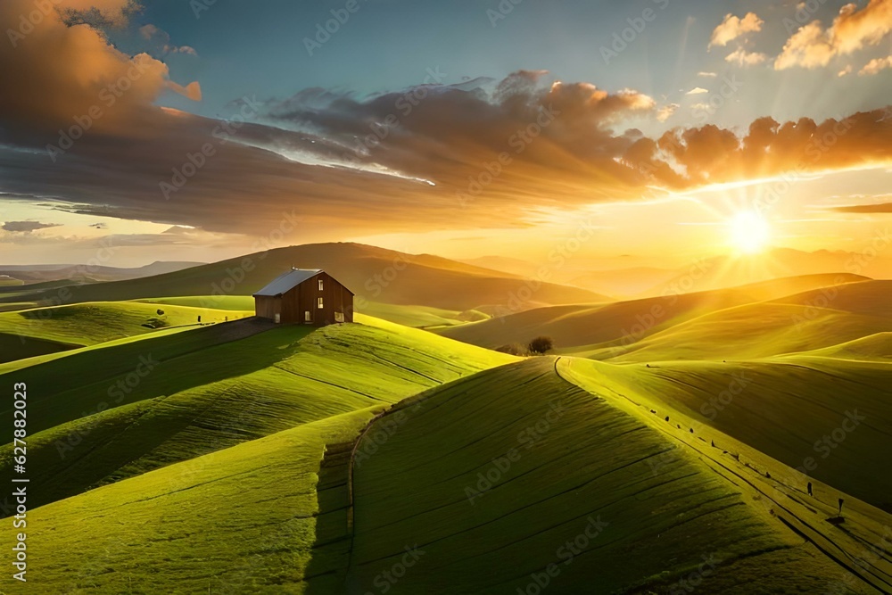 Fototapeta premium Sunrise in the field on top of a hill with a small house