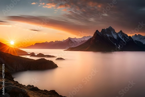 Sunrise with a beautiful moring over the lake surrounded with the mountains covered with the snow © SardarMuhammad