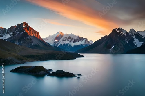 Sunrise with a beautiful morning over the lake surrounded with the mountains covered with the snow