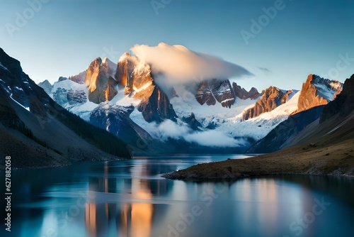 Sunrise with a beautiful morning over the lake surrounded with the mountains covered with the snow