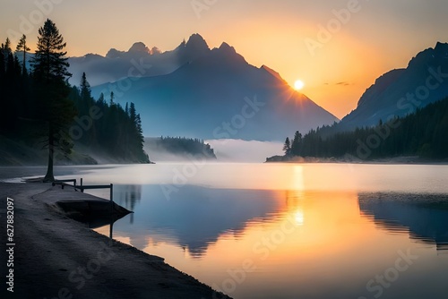 Sunrise with a beautiful morning over the lake surrounded with the mountains covered with the snow