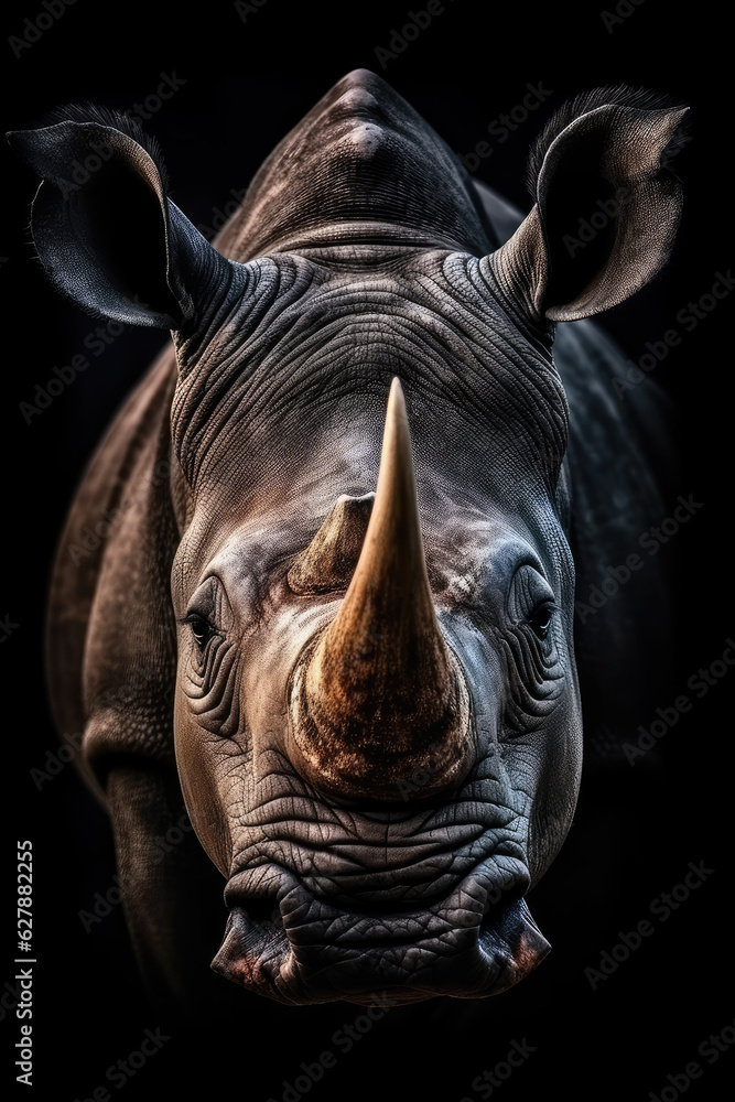 Portrait of a beautiful African Rhinoceros in close-up Macro photography on dark background. 