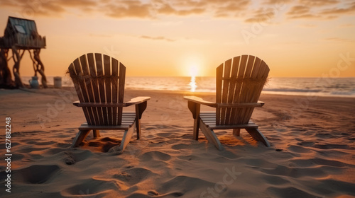 Lounge chairs on the beach with sunset view