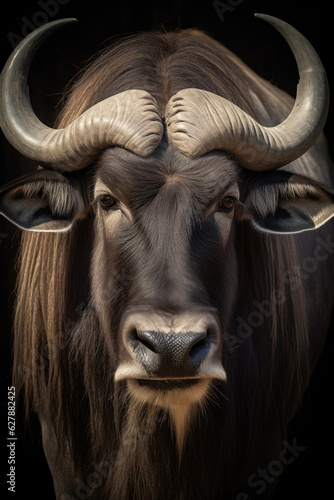 Portrait of a beautiful African Buffalo in close-up Macro photography on dark background. 