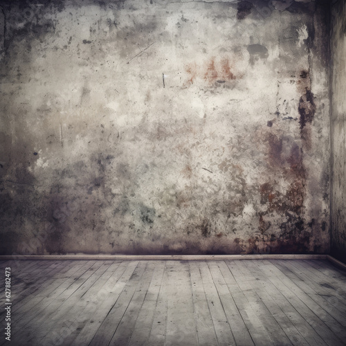Grunge interior room with rough wall and floor. Empty concrete space. Generative AI