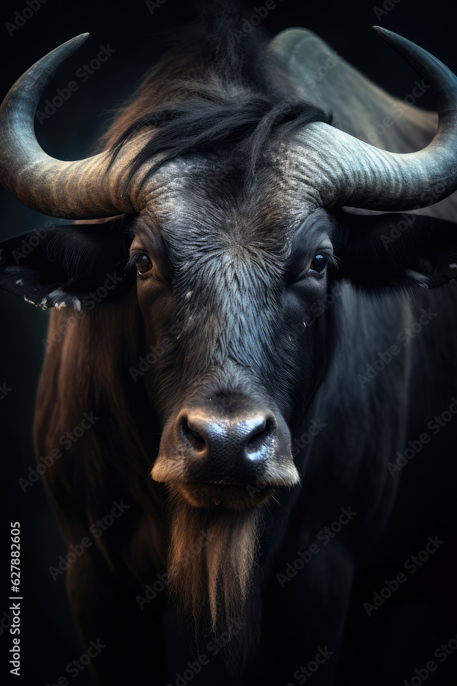 Naklejka premium Portrait of a beautiful African Buffalo in close-up Macro photography on dark background.