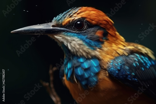 Portrait of Beautiful Colorful Birdie in Close-up Macro Photography on Dark Background. 