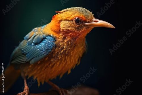 Portrait of Beautiful Colorful Birdie in Close-up Macro Photography on Dark Background. 