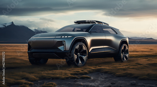 Advertising style concept SUV  sport utility vehicle on the road with the countryside and open fields as the backdrop  SUV concept vehicle  rural lands  fields and skies