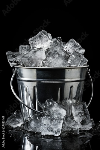 A bucket filled with ice sitting on top of a table. Digital image.