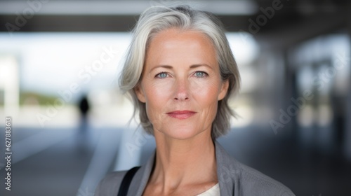A woman with gray hair and blue eyes. Digital image. Middle-aged european traveller.