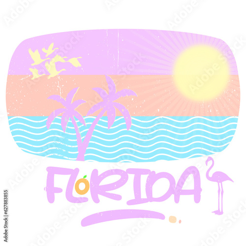 Florida Graphic for T-Shirt  prints. Vintage 90s style emblem. Retro summer travel scene. Beach Palm Trees Adventure  Florida Flamingo