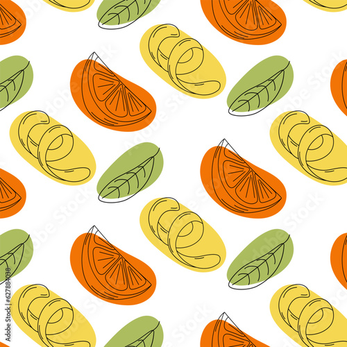 Seamless pattern of lemon zest, orange slice and green leaf with colorful spots in trendy shades.