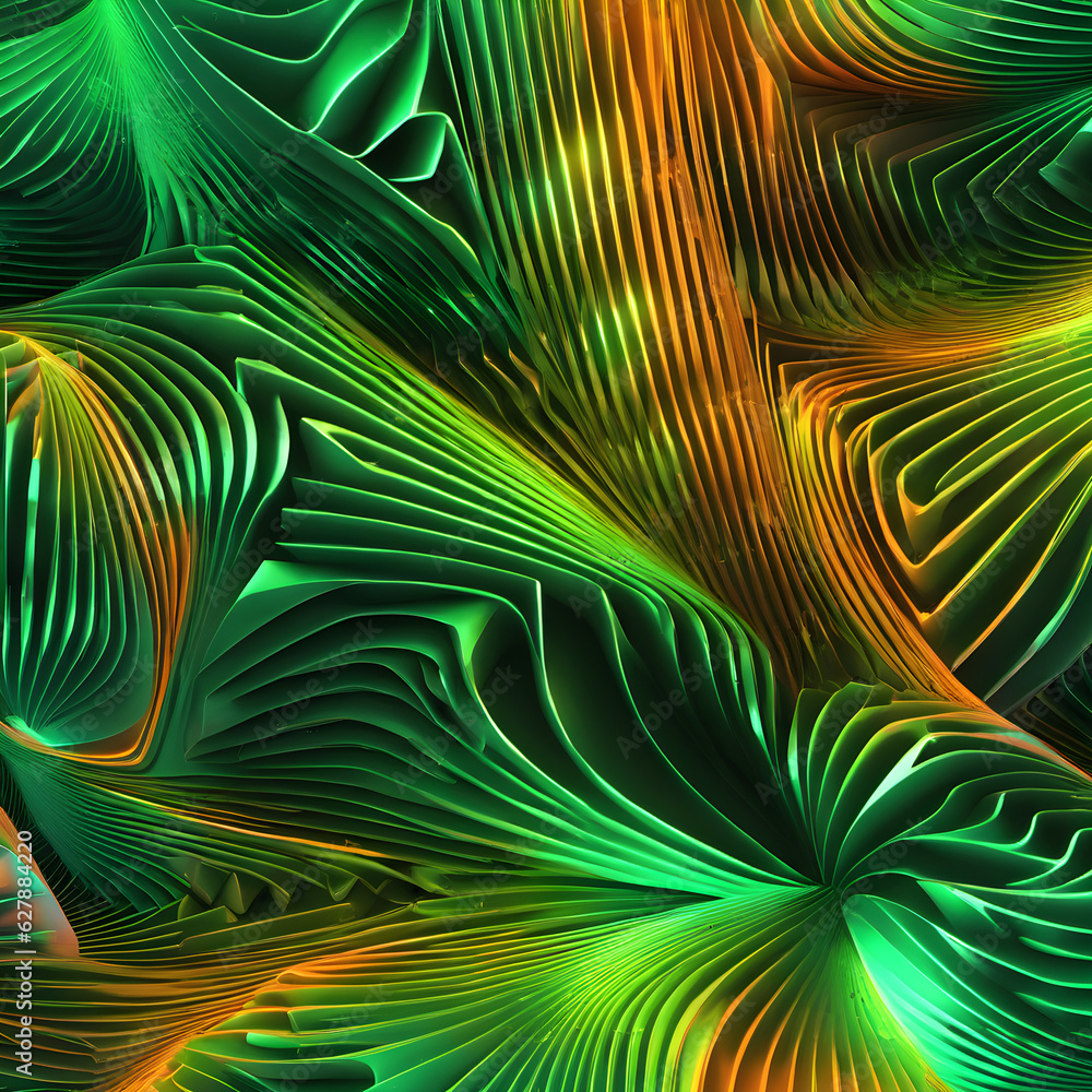 Obraz premium 3d-render-abstract-neon-background-with-shifting-green-and-orange-fractal-patterns-digital-irides-203212176
