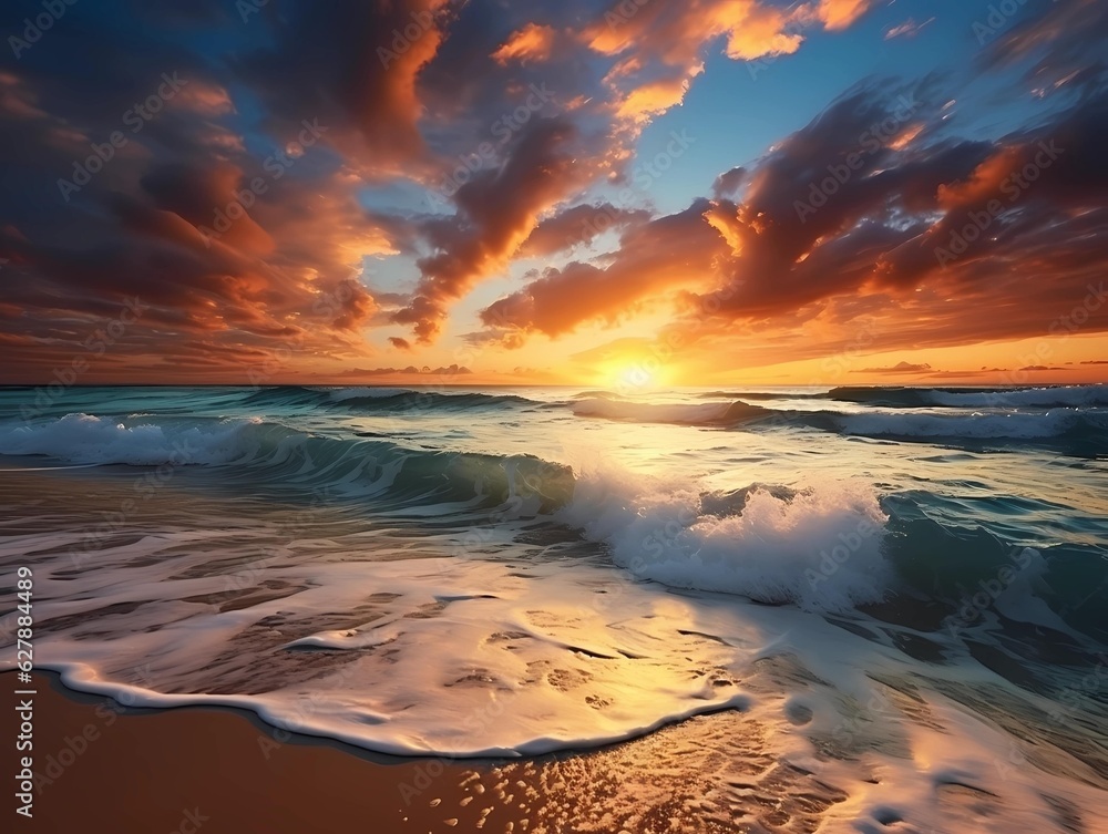 Sunset on a beautiful beach shore with waves