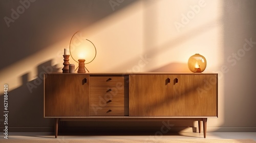 Mid century modern wooden sideboard with home decor, interior design, AI generated photo