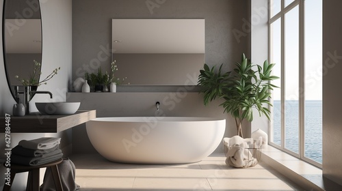 Coastal modern style bathroom with ocean view  Scandi interior design  AI generated