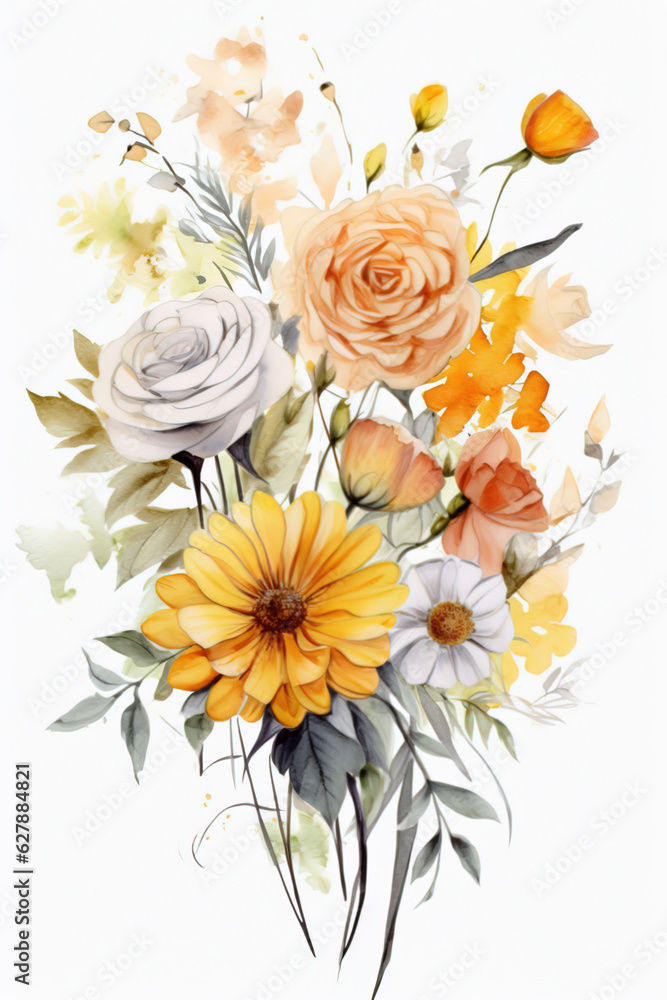 Beautiful bouquet of autumn flowers in watercolor. Generative AI.