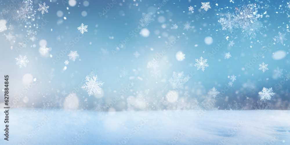 Winter background with snowflakes and blue bokeh created with AI 