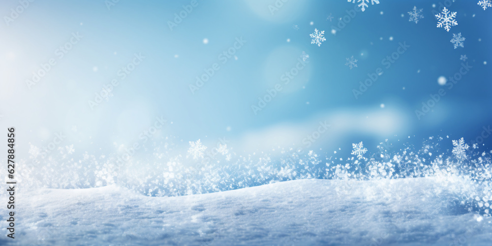 Winter background with snowflakes and blue bokeh created with AI 