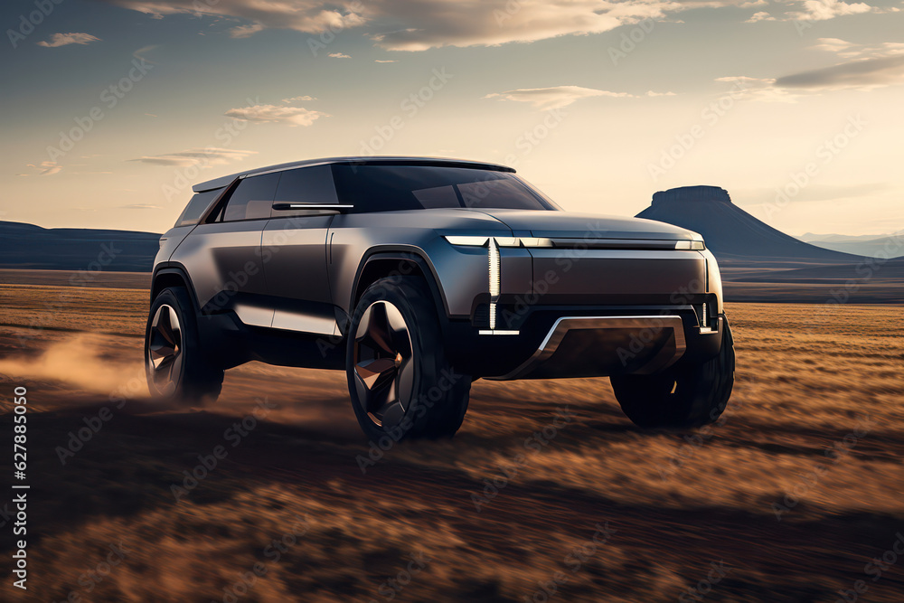 Advertising style concept SUV, sport utility vehicle on the road with the countryside and open fields as the backdrop, SUV concept vehicle, rural lands, fields, and skies, golden hour
