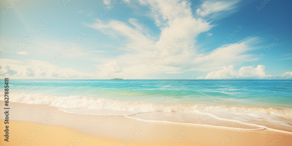 Schöner Sandstrand mit weißem Sand und Welle von türkisfarbenen Ozean sonniger Tag. Weiße Wolken am blauen Himmel. Perfekte tropische Meereslandschaft - Platz für Text mit KI erstellt 