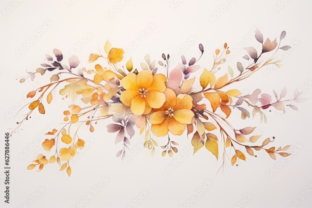 Pale autumn leaves and flowers - botanical design banner. Floral pastel watercolor border frame. Generative AI. Pale autumn leaves and flowers - botanical design banner. Floral pastel watercolor border frame. Generative AI.
