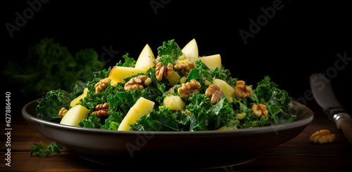 Kale Salad with white cheddar cheese, apple slices, walnuts, and Maple-Mustard Vinaigrette on a modern dark gray plate on a dark background. 