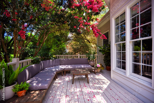 wooden terrace covered in beautiful flower petals under the blooming crape myrtle tree. lounge zone on the summer patio photo